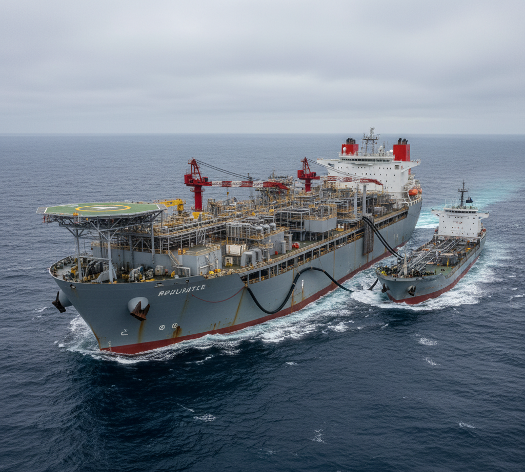 Offshore FPSO in the North Sea offloading crude oil to shuttle tanker.