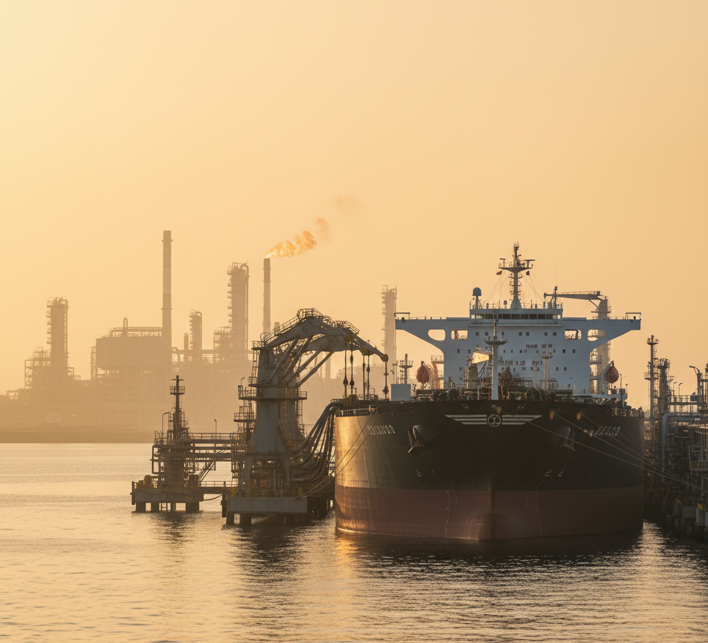 VLCC tanker loading crude at a Persian Gulf export terminal.
