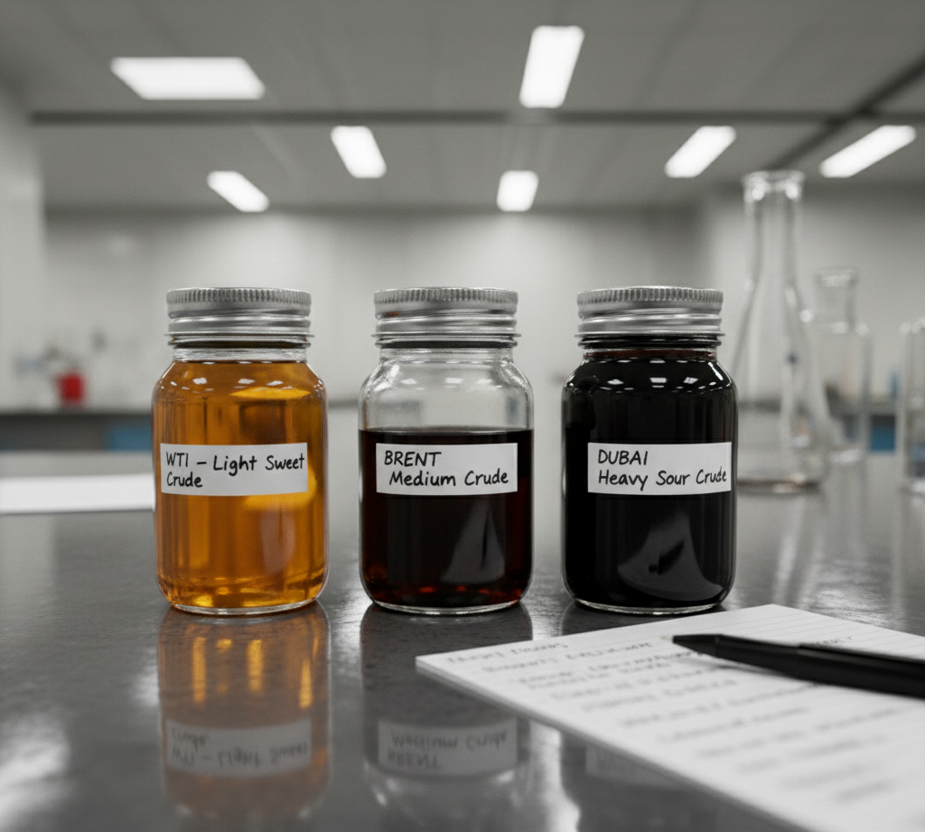Three jars of crude oil samples showing physical differences between WTI Brent and Dubai.