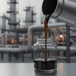crude oil being poured into a sample jar in an industrial lab environment.