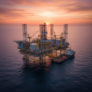 offshore oil drilling platform with support ships at sunset.
