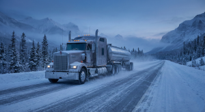 Heavy-duty truck driving in snowy winter conditions