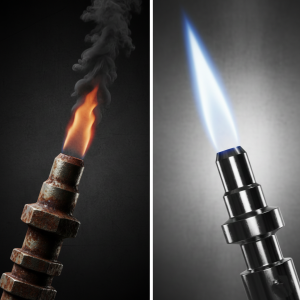 Side-by-side comparison of poor (smoky) vs. optimal (clean blue) diesel fuel combustion from injector nozzles