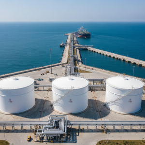 Aerial view of large white diesel storage tanks connected by pipelines to a ship at a seaport