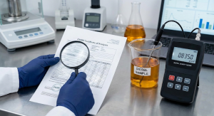 Lab technician reviewing EN590 Certificate of Analysis and measuring diesel fuel density