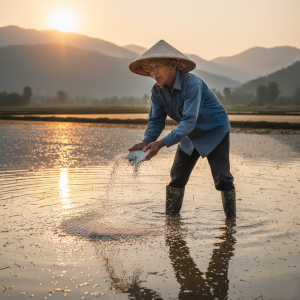 Smallholder farmer applying granular urea fertilizer in rice paddy – essential nitrogen source for global food security