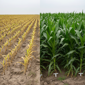 Side-by-side comparison: nitrogen-deficient crop vs healthy maize field after urea fertilizer application – impact on global yields