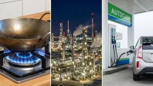 A split-screen image showing three different uses of LPG: residential cooking on a stove, a large petrochemical industrial plant, and a vehicle refueling at an autogas station.