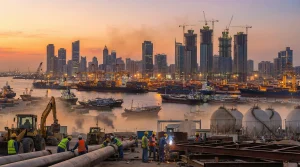 A busy harbor in a rapidly developing Southeast Asian city showing construction cranes, new energy infrastructure, and container ships.