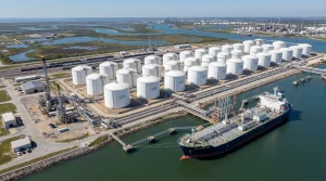 An aerial view of a busy industrial port on the US Gulf Coast featuring large spherical storage tanks and a ship loading at a dock.