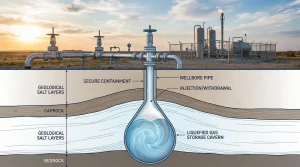  A cross-section diagram and photo illustration showing surface industrial facilities connected to deep underground salt cavern storage for LPG.