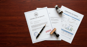 Petroleum procurement documentation, including Certificates of Quality and inspection reports, on a buyer's desk.