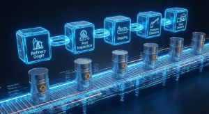 A visualization of a transparent supply chain for oil barrels, secured by glowing digital blocks representing blockchain verification steps