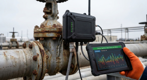 Smart IoT sensors attached to an industrial oil pipeline valve, transmitting real-time data to a ruggedized tablet held by an engineer.