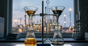Heavy vs light crude oil API gravity measurement and density comparison in refinery laboratory