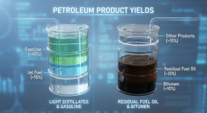 3D infographic showing the percentage of gasoline, diesel, and residual fuel produced from a barrel of light crude versus heavy crude.
