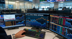 Energy trader monitoring professional market terminals showing the price differential between WTI light sweet and heavy crude benchmarks.