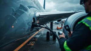 Aircraft refueling process with Jet A-1 aviation turbine fuel meeting ASTM D1655 quality specifications at an airport.