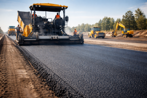 Industrial asphalt paver laying penetration grade bitumen for road construction and infrastructure development.