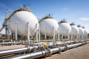 Spherical storage tanks for Liquefied Petroleum Gas (LPG) at a refinery facility for industrial and residential energy.