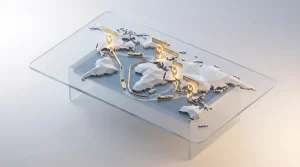 A stylized 3D world map highlighting major oil trading hubs like USA, North Sea, Dubai, and Singapore with connection lines.