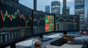 Close-up of multiple computer monitors displaying real-time oil price charts and analytics in a trading office.