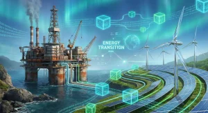 Futuristic concept art blending oil rigs with renewable energy sources and blockchain digital blocks.