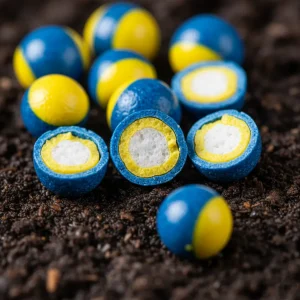 Close-up macro photograph of various sustainable polymer-coated and sulfur-coated urea fertilizer granules, demonstrating controlled-release technology.