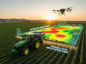 GPS-guided tractor and agricultural drone utilizing precision technology for sustainable urea fertilizer application on a crop field.
