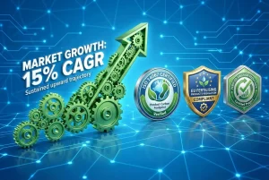 Infographic illustrating rising market demand for sustainable fertilizers alongside key official environmental certifications like ISO 14064 and EU regulations.