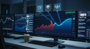 A digital trading dashboard displaying a crude oil price forecast graph enhanced with holographic data points representing market variables analyzed by AI.