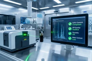 A robotic arm in a laboratory performs automated spectroscopy analysis on a crude oil sample, with results displayed immediately on a digital screen.