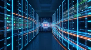 An abstract visualization of high-frequency algorithmic trading, showing light streaks of data moving rapidly through server racks executing oil futures transactions.