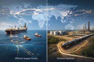 Global crude oil logistics network showing offshore marine transport and onshore pipeline infrastructure.
