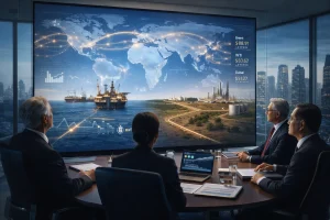 Senior energy executives analyzing global crude sourcing strategy with offshore and onshore assets on digital screen.