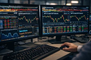 A close-up of a professional energy trader's desk with multiple monitors displaying complex real-time crude oil futures charts, news feeds, and risk analysis data.