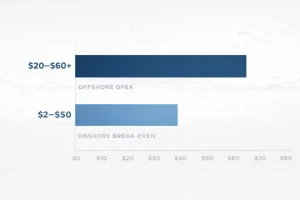Energy cost comparison chart showing offshore and onshore oil production break-even price ranges.